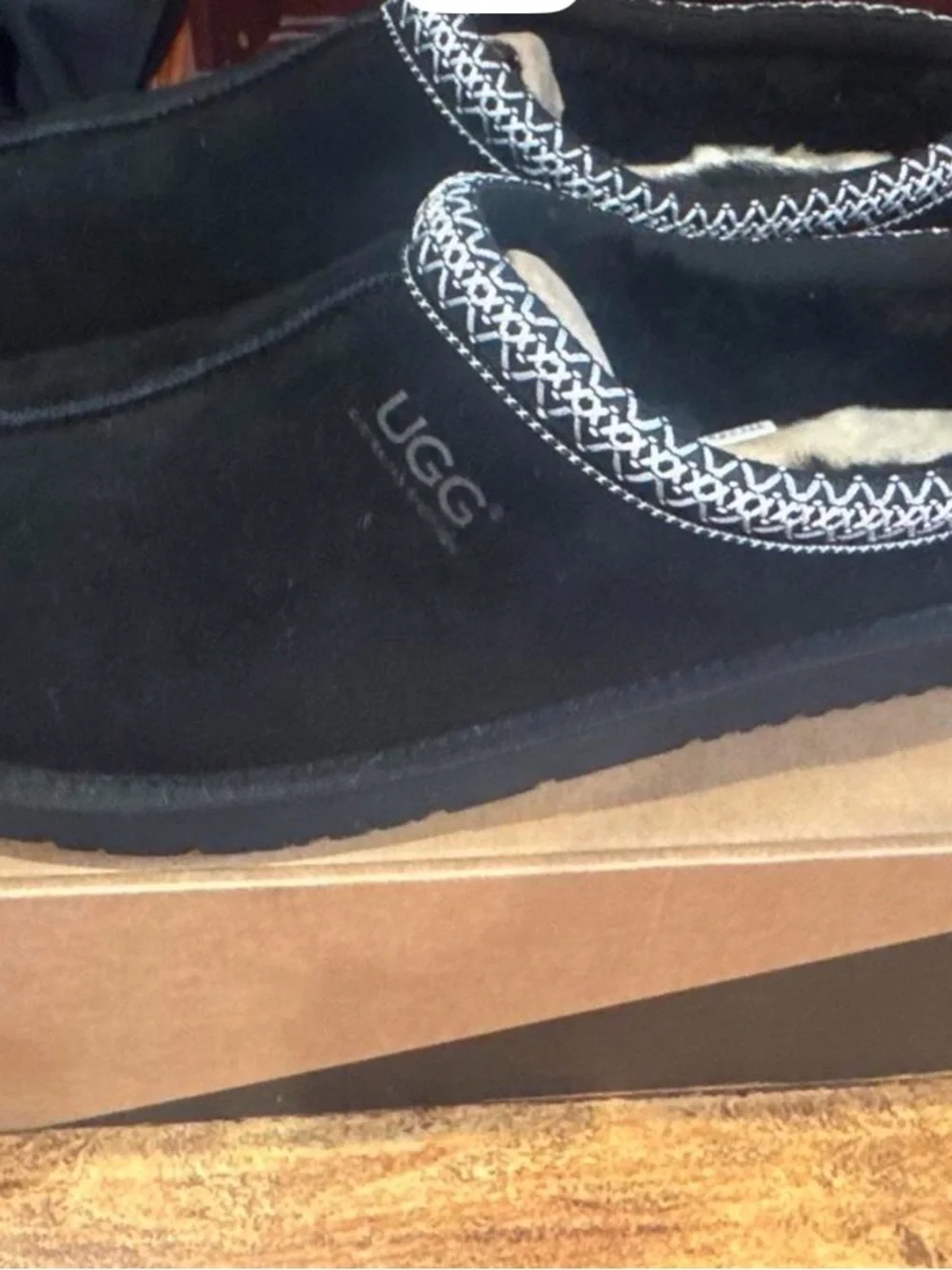 UGG men’s Black Suede Slip-On Moccasin Slippers with Patterned Trim
